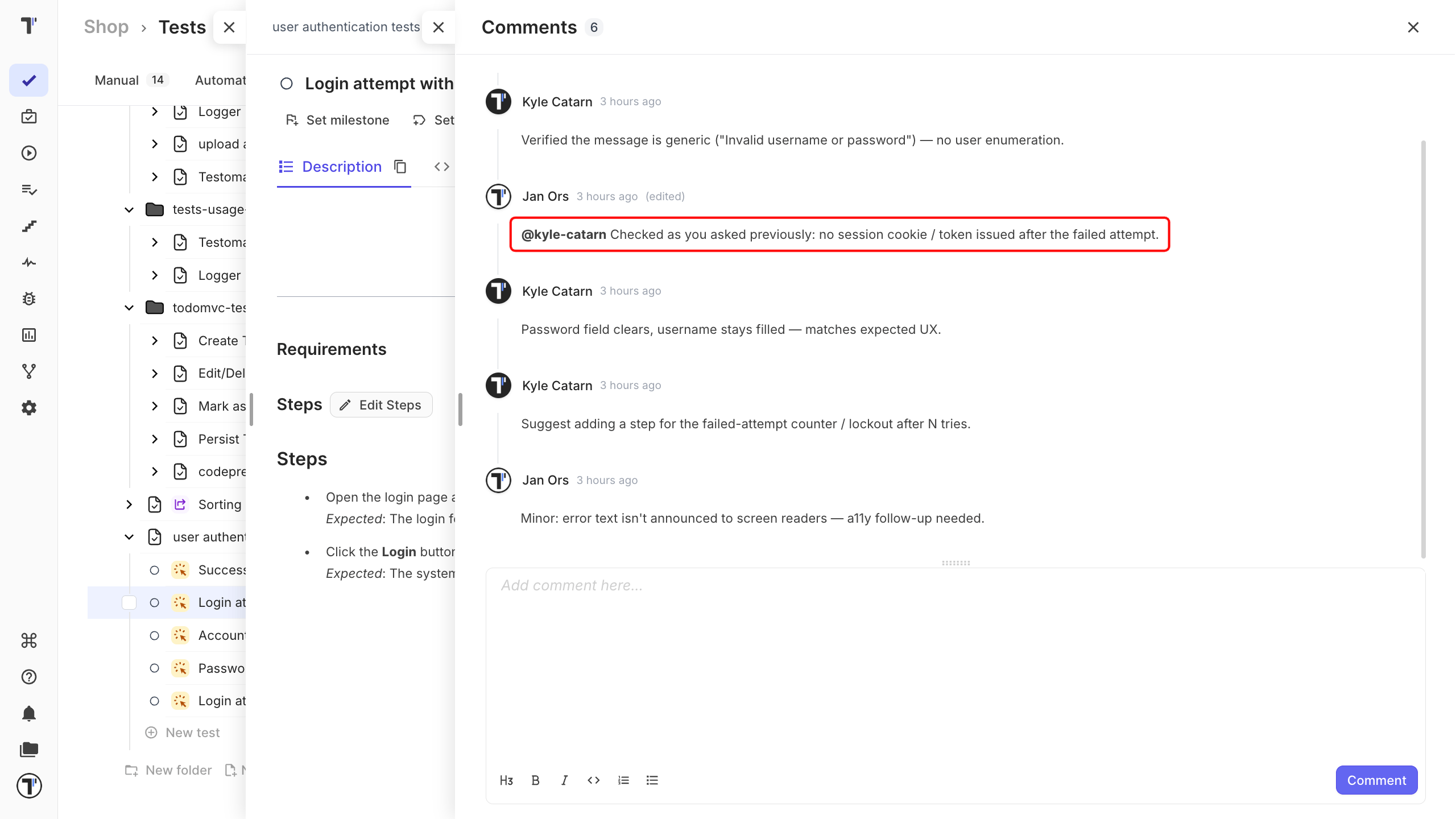 Mentioning a teammate in a comment on a test