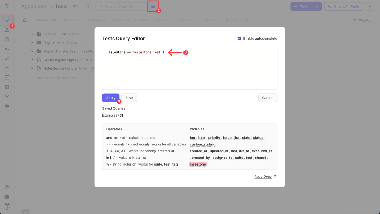 Testomat.io - Filter by Milestone